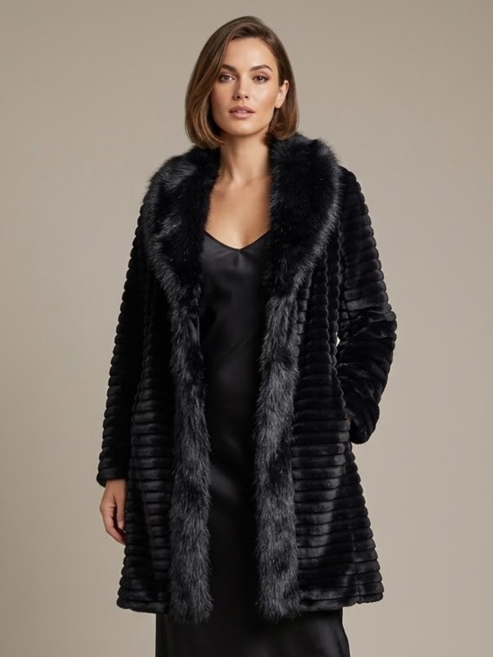 Xtérior by Utex Faux Fur Mid-Length Coat Plush Horizontal Grooved Black Size L